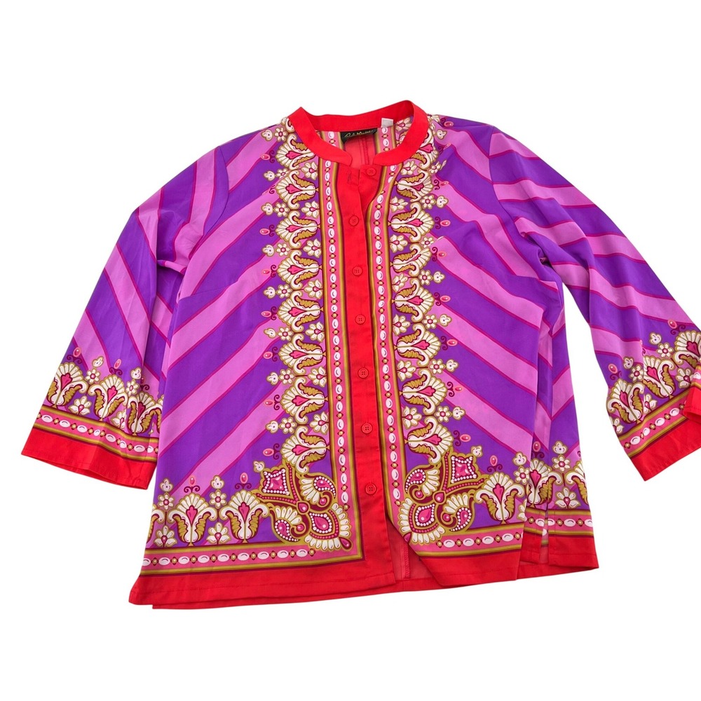 Bob Mackie Wearable Art Womens Purple Pink Red Paisley‎ Striped Blouse Size M